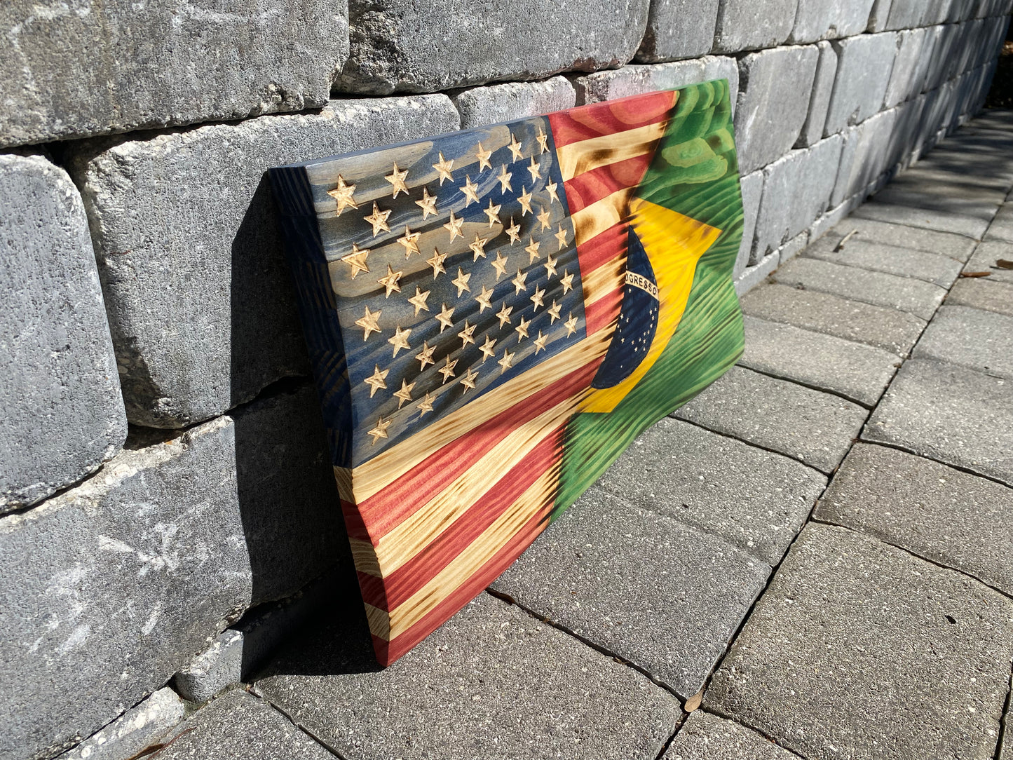 Waving Wooden Rustic Wood Burnt Half Brazil/Half American Flag
