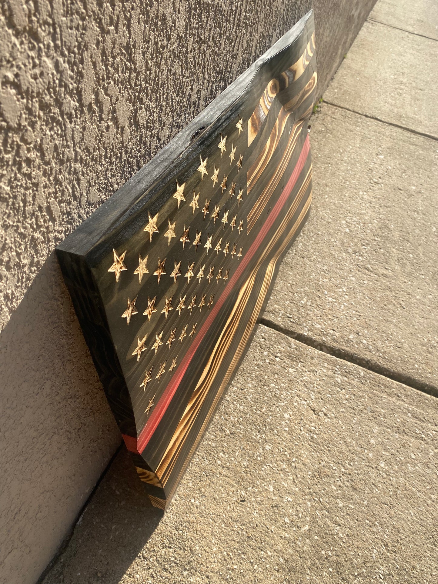 Waving Wooden Extra Rustic Wood Burnt Thin Red Line Firefighter Flag