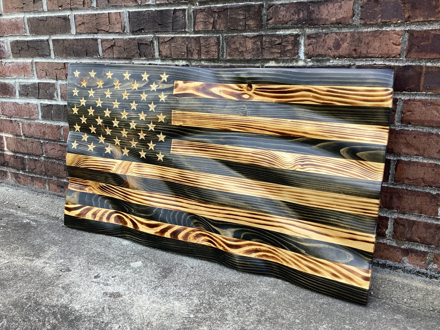 Waving Wooden Extra Rustic Wood Burnt Blacked Out American Flag