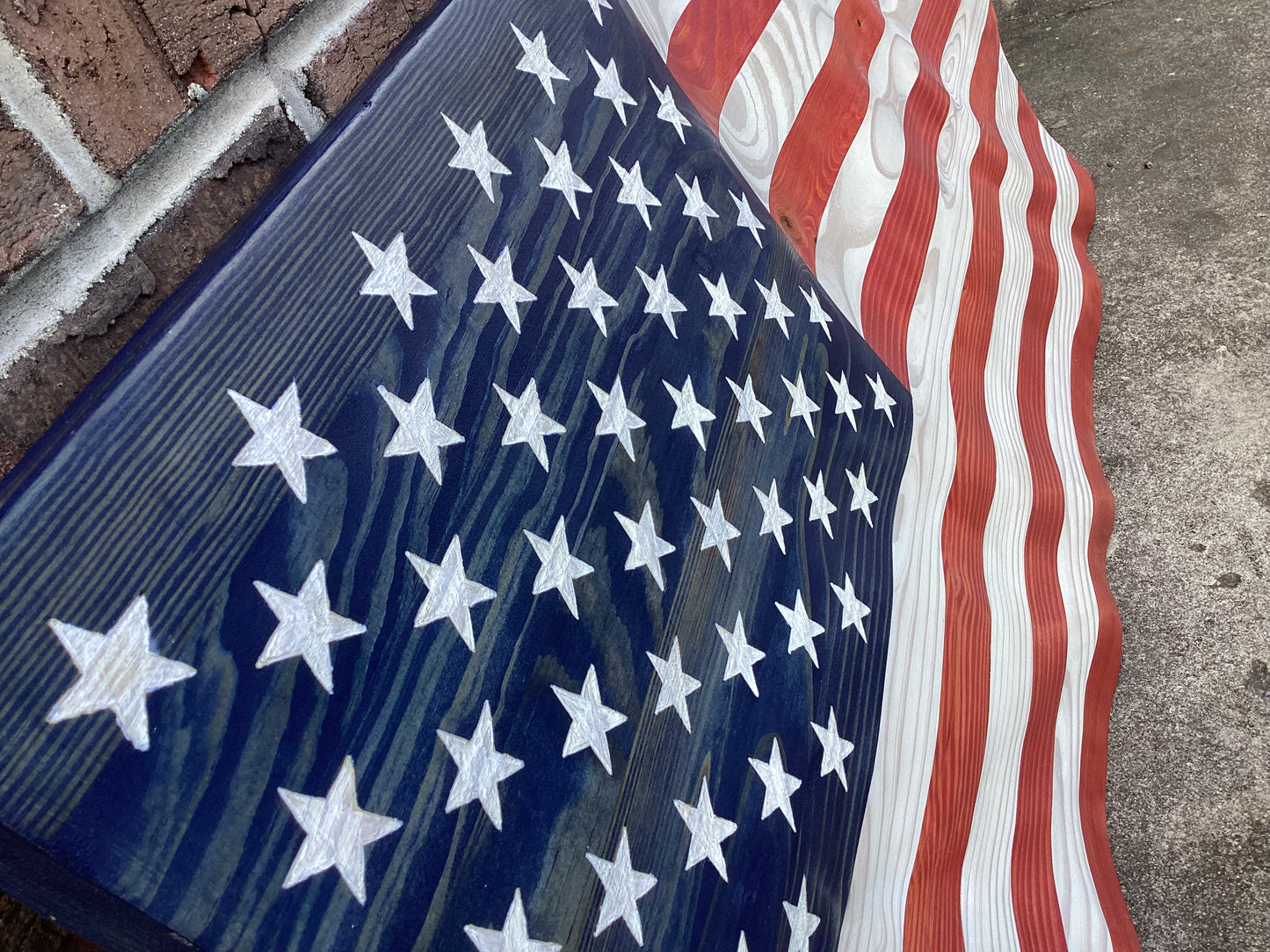 Waving Wooden American Flag Wall Art Decoration With White Stars and Stripes