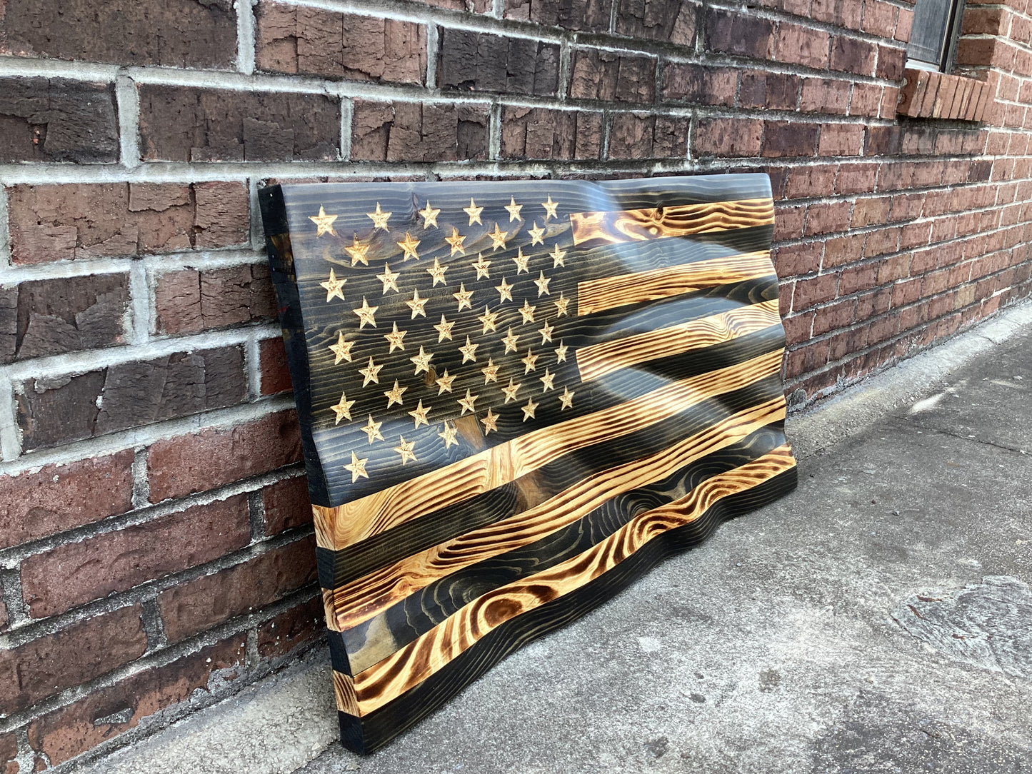 Waving Wooden Extra Rustic Wood Burnt Blacked Out American Flag