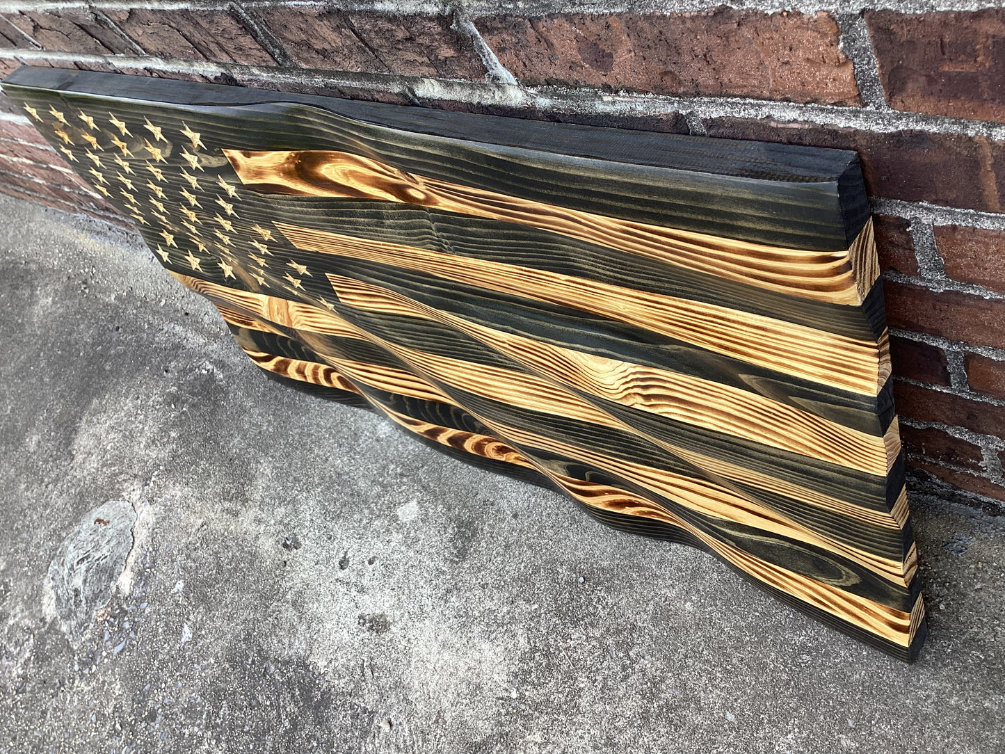 Waving Wooden Extra Rustic Wood Burnt Blacked Out American Flag