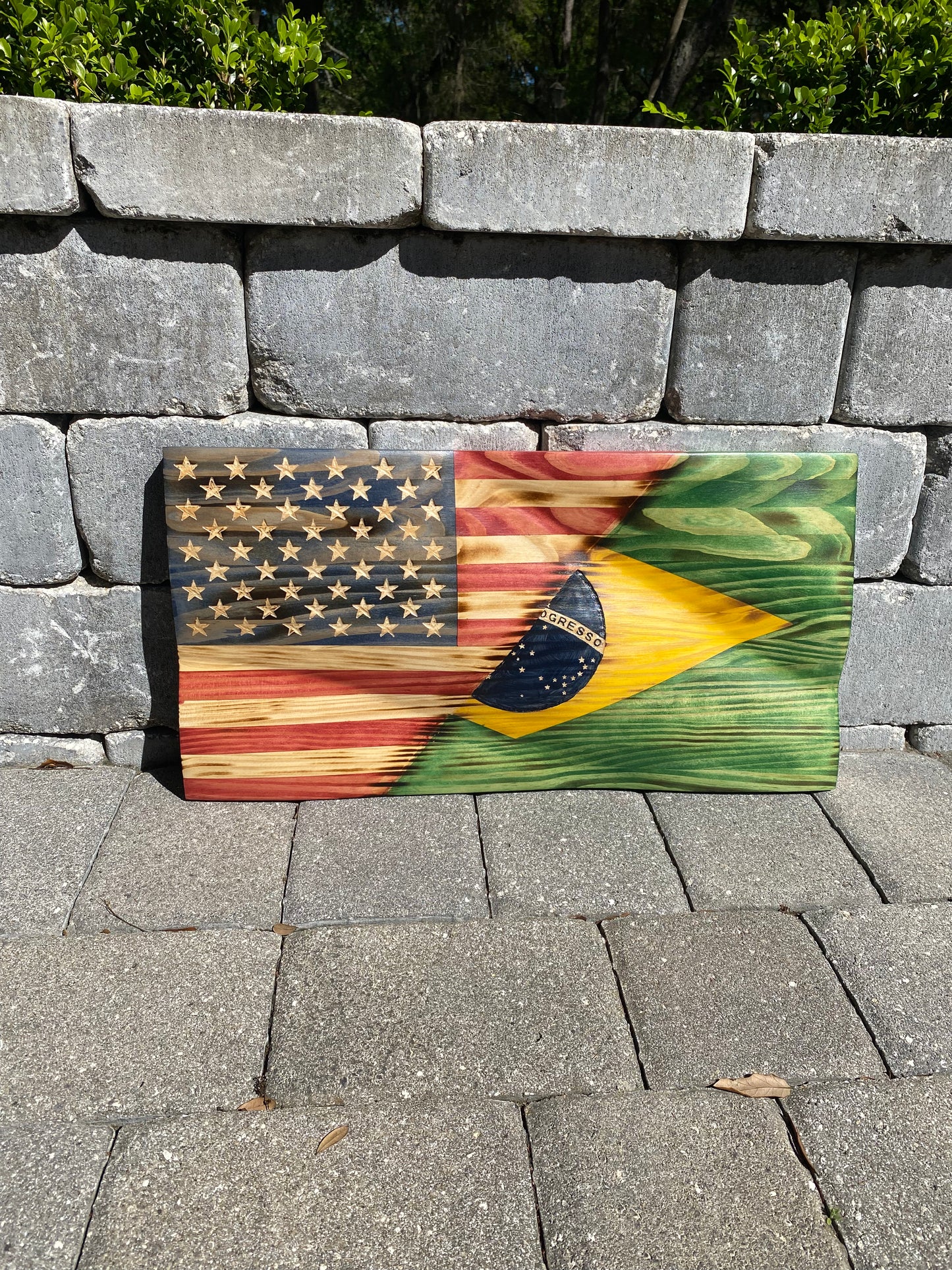 Waving Wooden Rustic Wood Burnt Half Brazil/Half American Flag