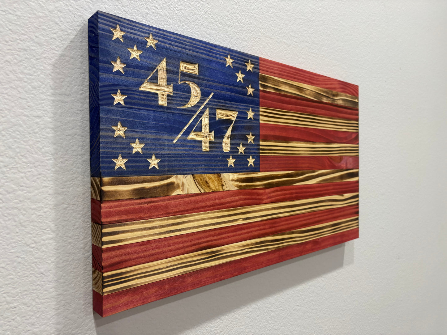 Handcrafted Flat Wooden 45/47 President American Flag – Modern Patriotic Wall Art - “Trump Flag”