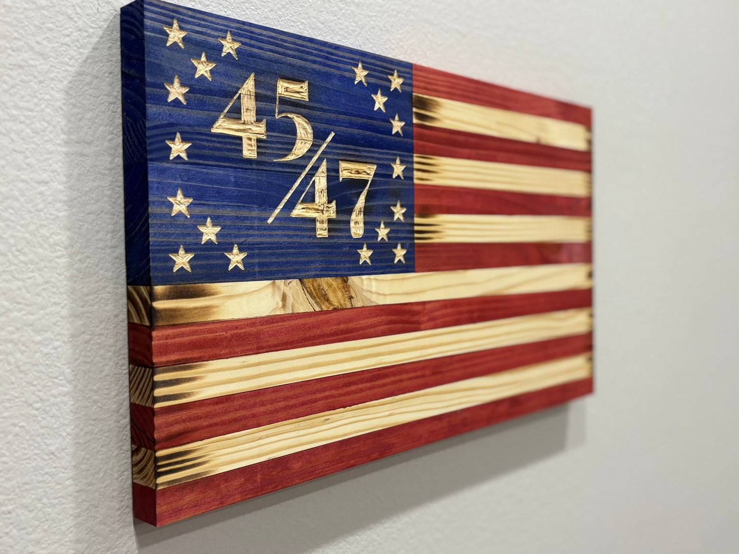 Handcrafted Flat Wooden 45/47 President American Flag – Modern Patriotic Wall Art - “Trump Flag”