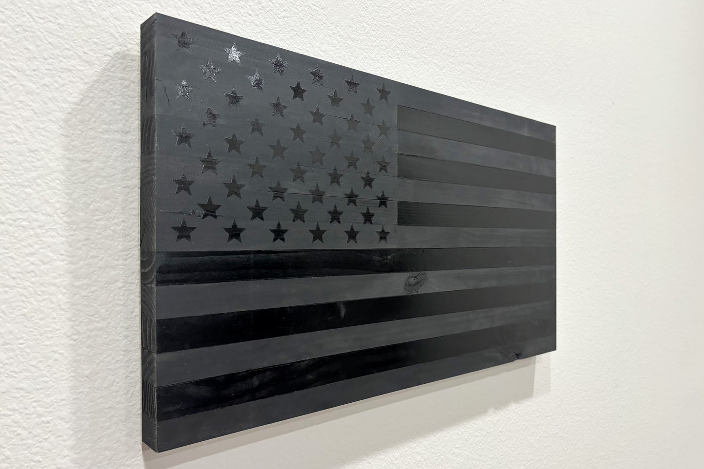 Handcrafted Flat Wooden Blacked Out American Flag – Modern Patriotic Wall Art - “No Quarter Flag”