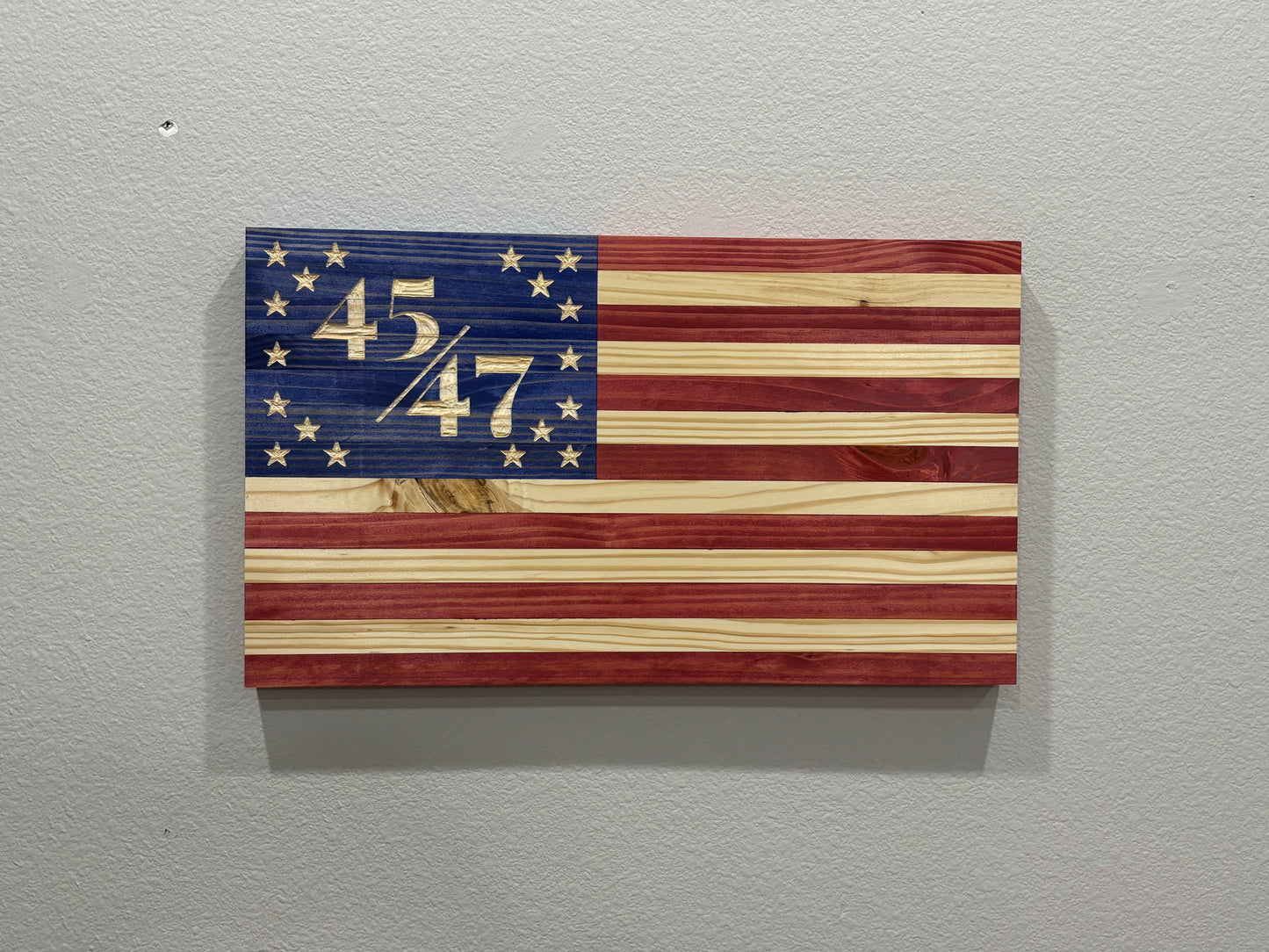 Handcrafted Flat Wooden 45/47 President American Flag – Modern Patriotic Wall Art - “Trump Flag”