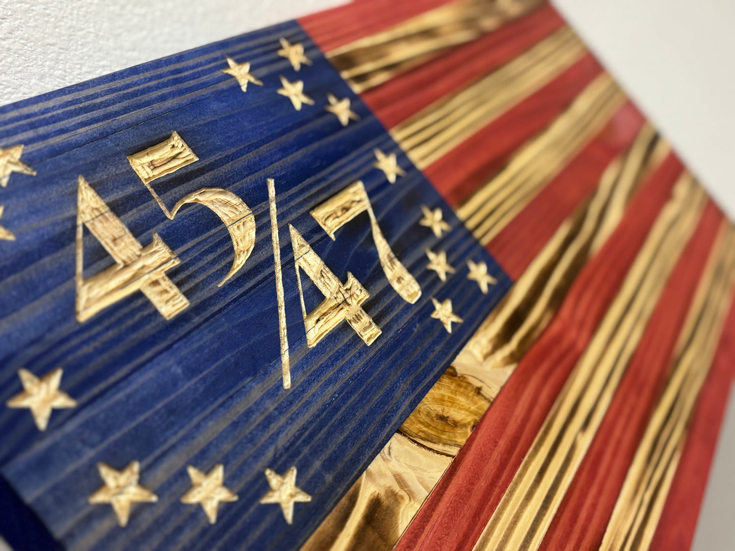 Handcrafted Flat Wooden 45/47 President American Flag – Modern Patriotic Wall Art - “Trump Flag”