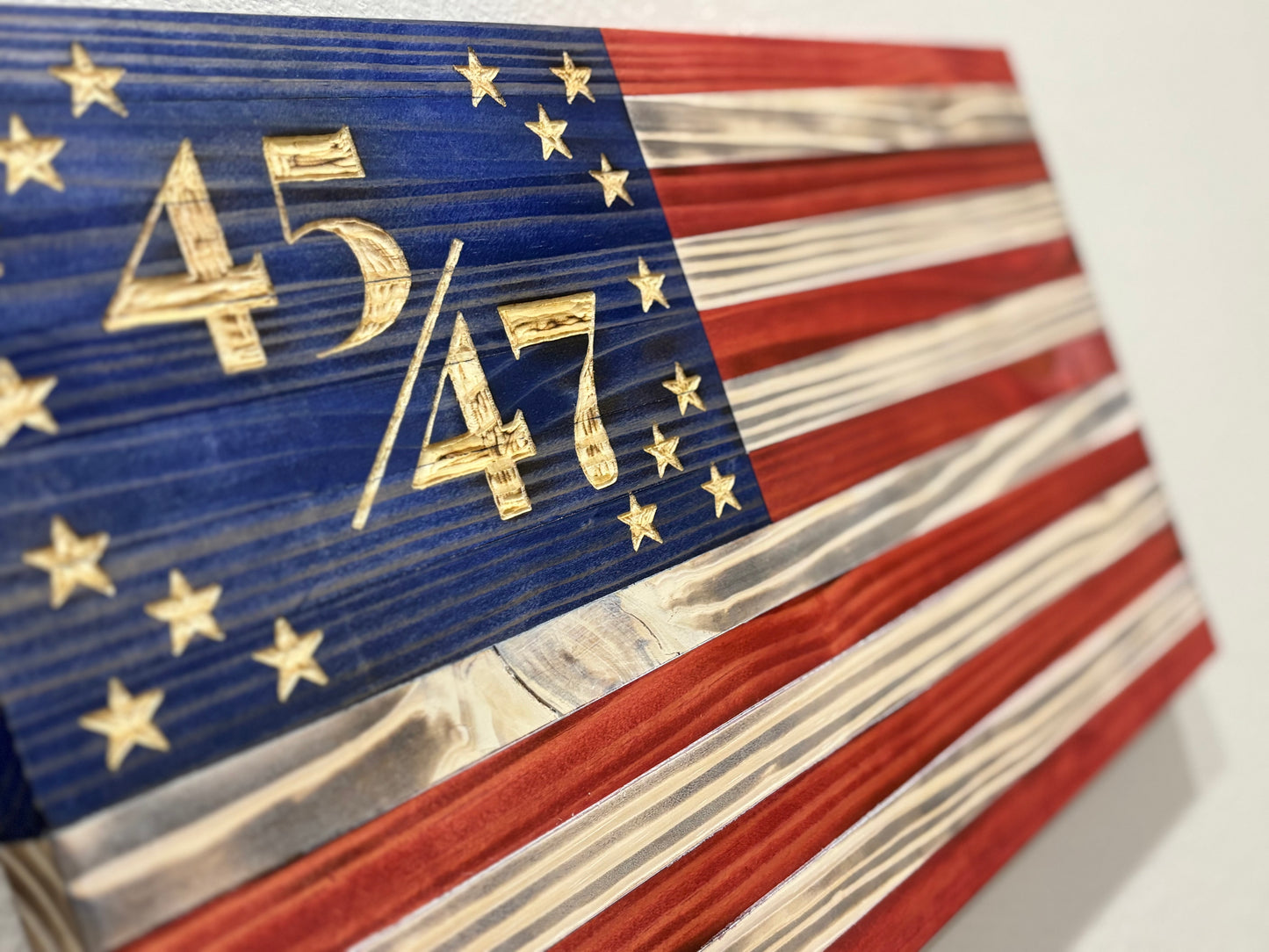 Handcrafted Flat Wooden 45/47 President American Flag – Modern Patriotic Wall Art - “Trump Flag”