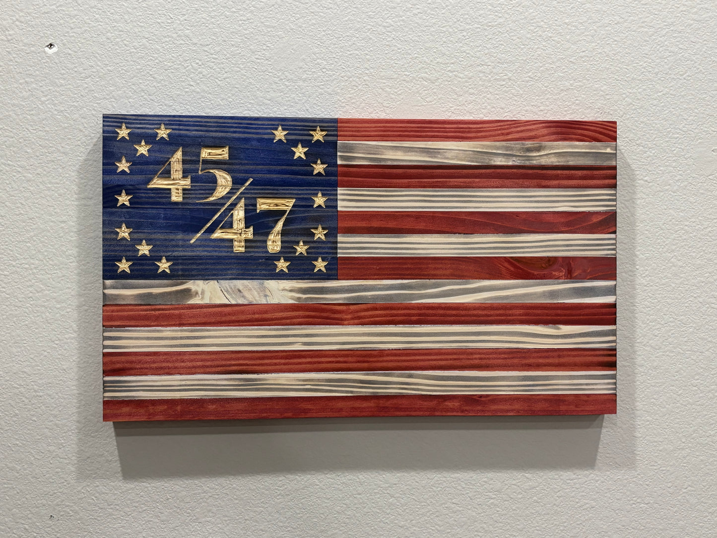 Handcrafted Flat Wooden 45/47 President American Flag – Modern Patriotic Wall Art - “Trump Flag”