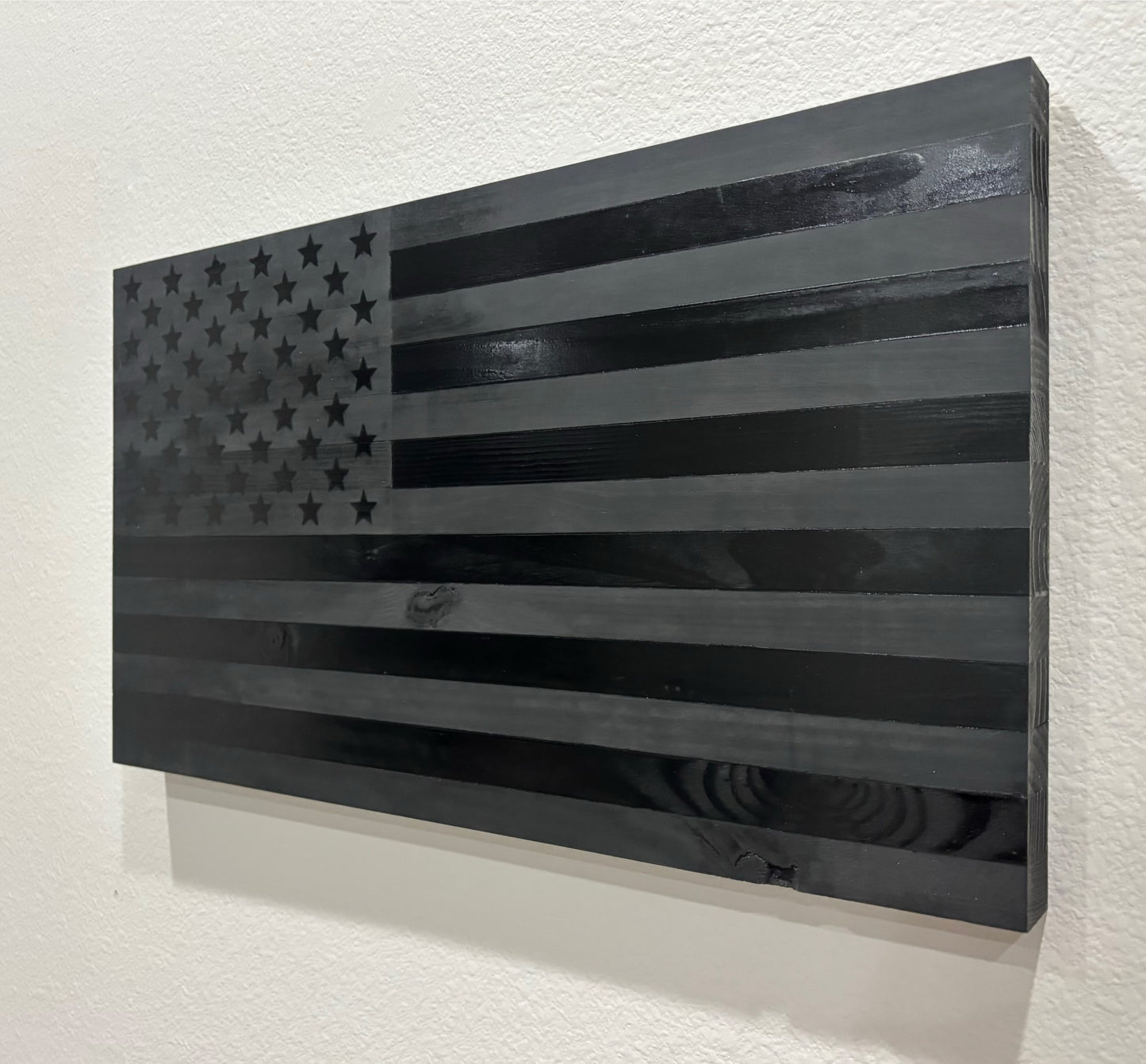 Handcrafted Flat Wooden Blacked Out American Flag – Modern Patriotic Wall Art - “No Quarter Flag”