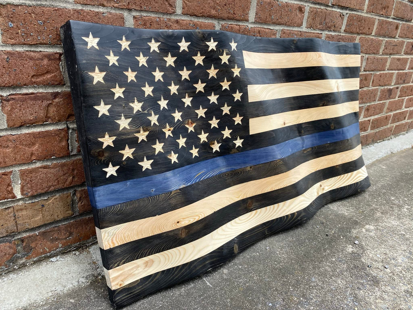 Waving Wooden Thin Blue Line Police Flag