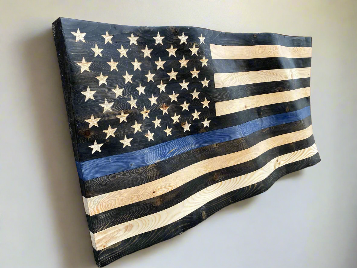 Waving Wooden Thin Blue Line Police Flag