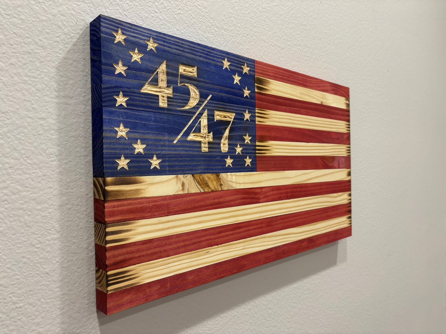 Handcrafted Flat Wooden 45/47 President American Flag – Modern Patriotic Wall Art - “Trump Flag”