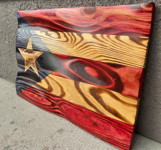 Handcrafted Waving Wooden Puerto Rican Flag – Wavy Rustic Patriotic Wall Art Flag