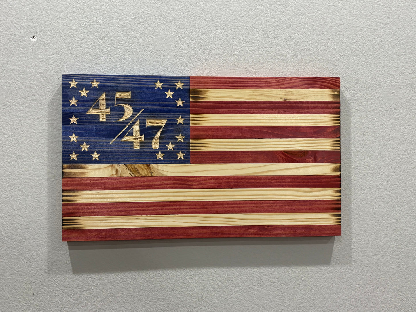 Handcrafted Flat Wooden 45/47 President American Flag – Modern Patriotic Wall Art - “Trump Flag”