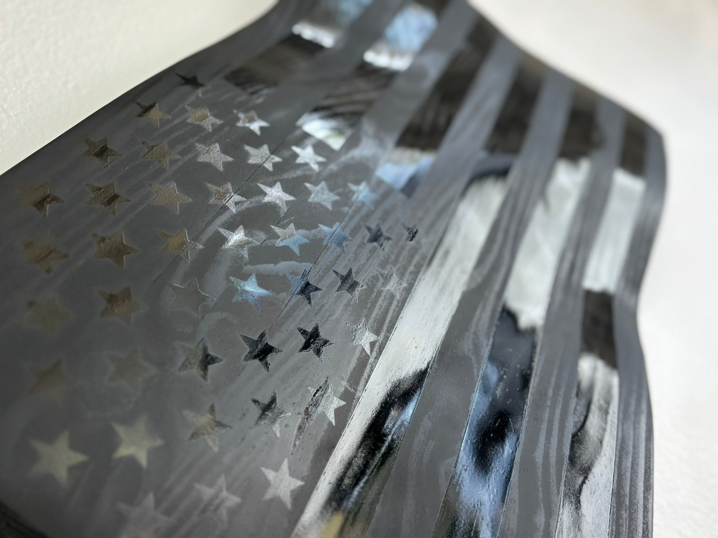 Handcrafted Waving Wooden American Flag – Blacked Out Wavy Wooden American Flag - Modern Patriotic Wall Art - “No Quarter Flag”