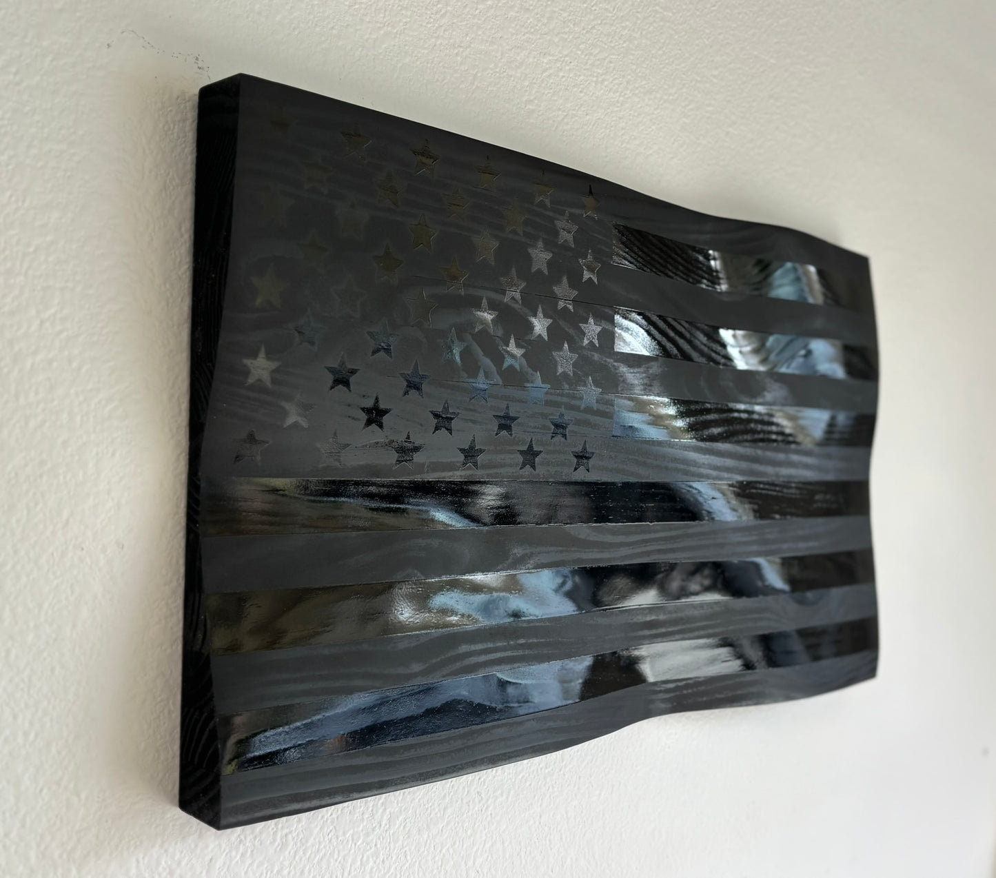 Handcrafted Waving Wooden American Flag – Blacked Out Wavy Wooden American Flag - Modern Patriotic Wall Art - “No Quarter Flag”