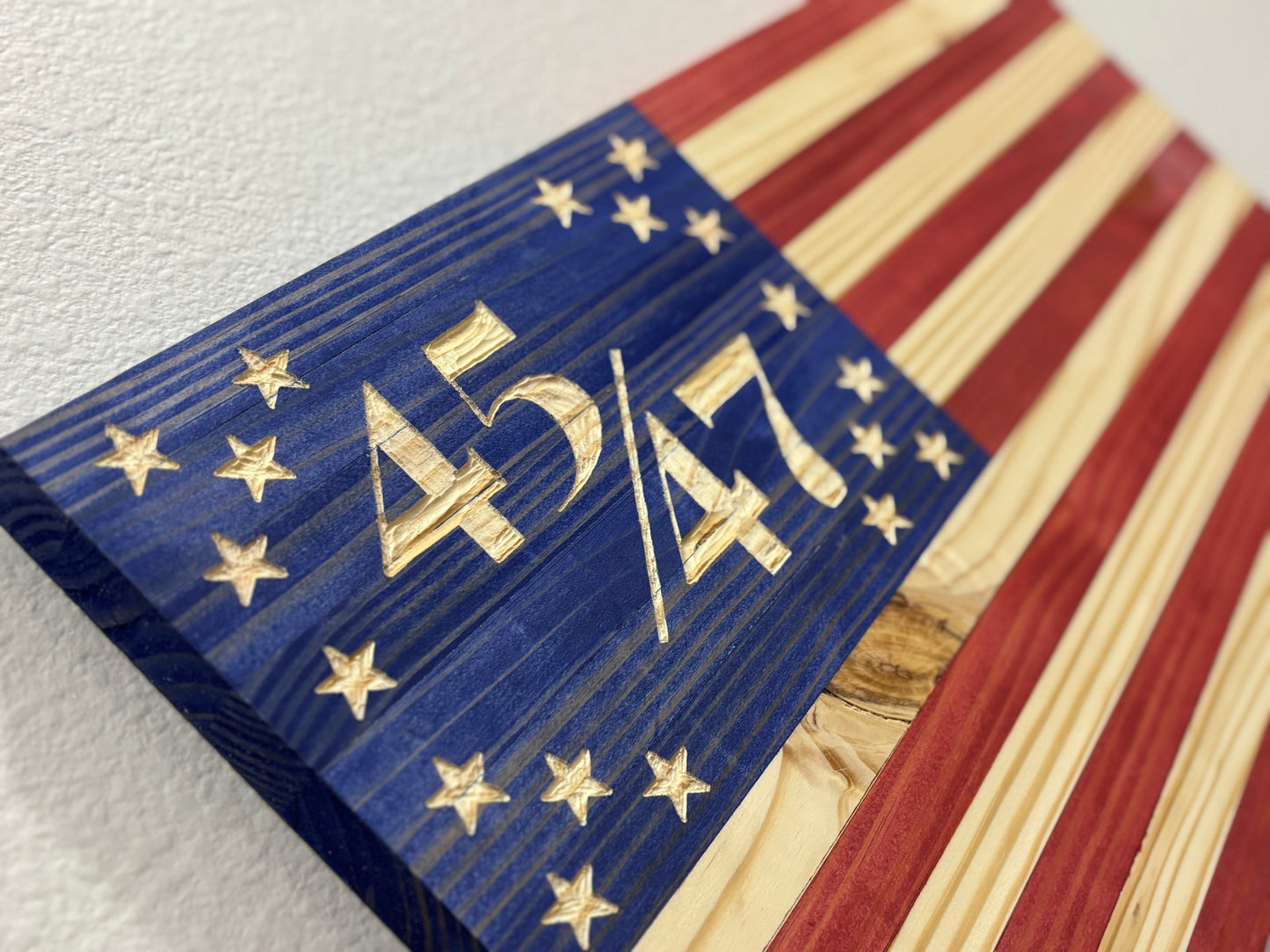 Handcrafted Flat Wooden 45/47 President American Flag – Modern Patriotic Wall Art - “Trump Flag”