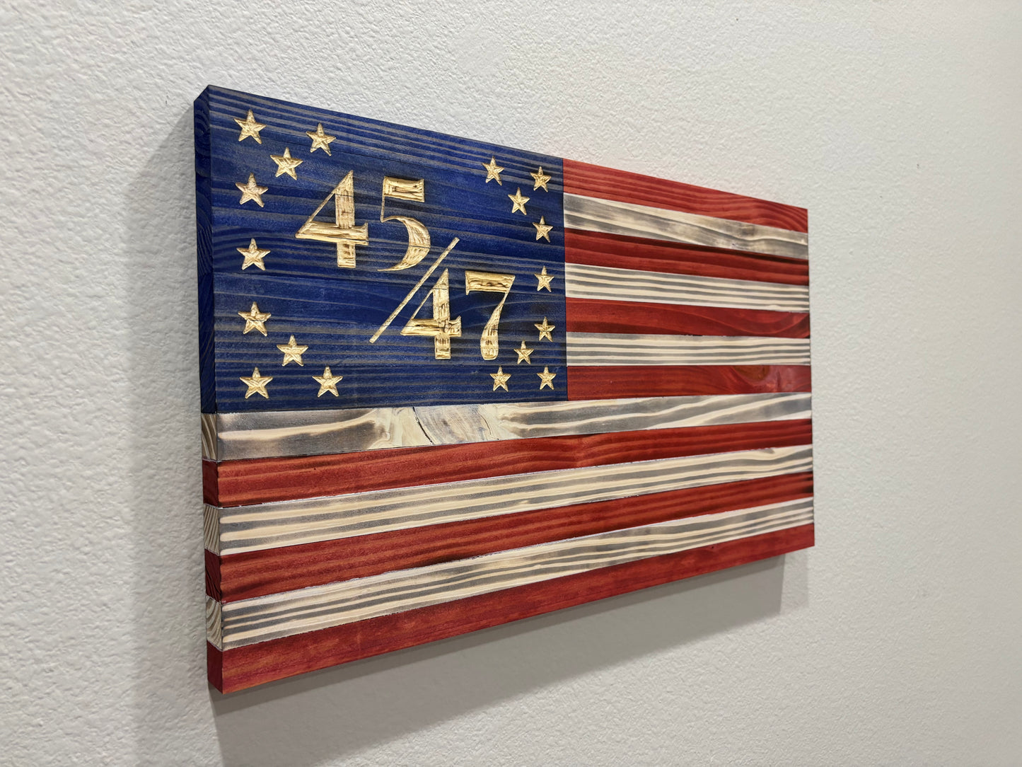 Handcrafted Flat Wooden 45/47 President American Flag – Modern Patriotic Wall Art - “Trump Flag”