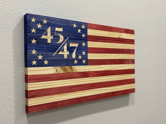 Handcrafted Flat Wooden 45/47 President American Flag – Modern Patriotic Wall Art - “Trump Flag”