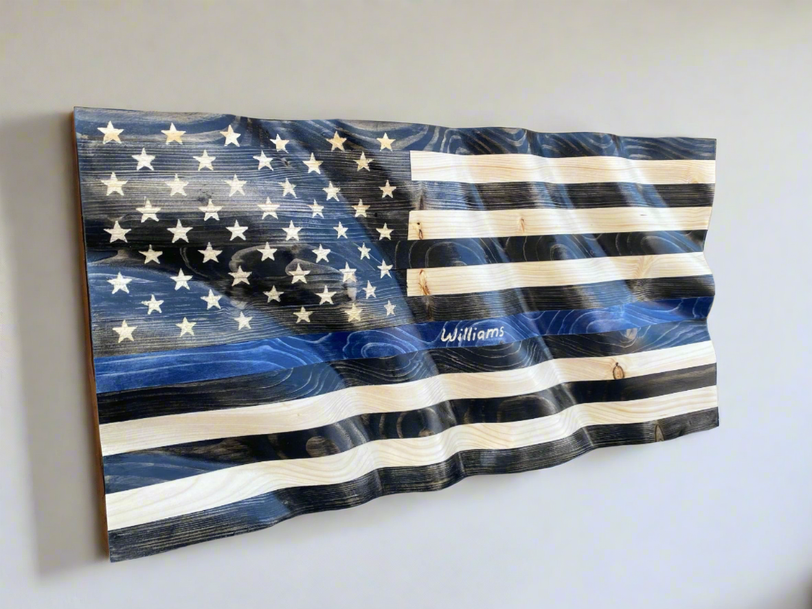 Waving Wooden Thin Blue Line Police Flag