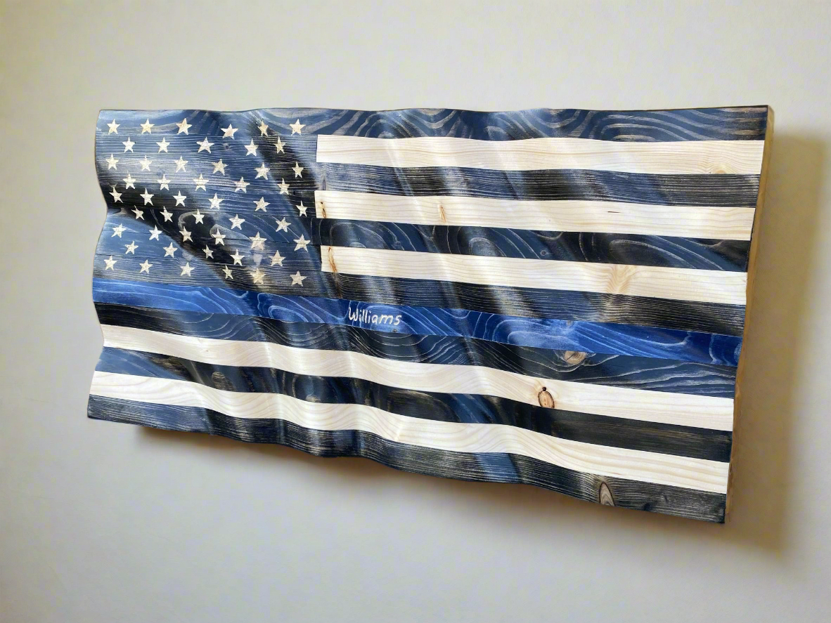 Waving Wooden Thin Blue Line Police Flag