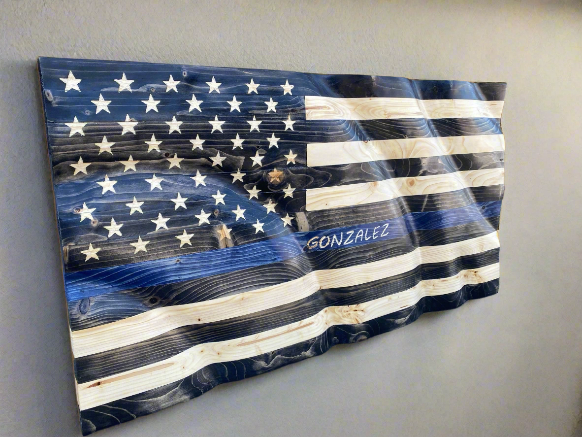 Waving Wooden Thin Blue Line Police Flag