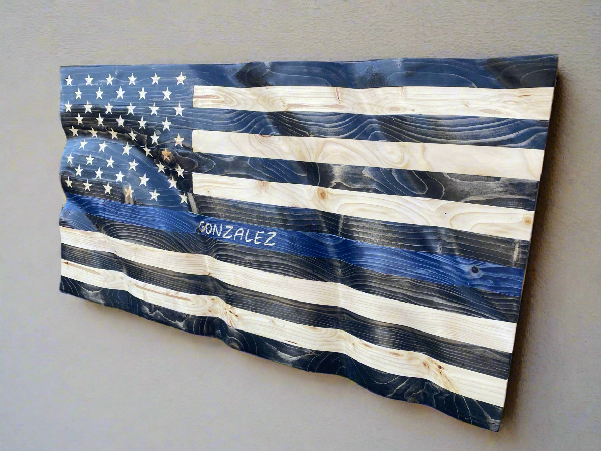 Waving Wooden Thin Blue Line Police Flag