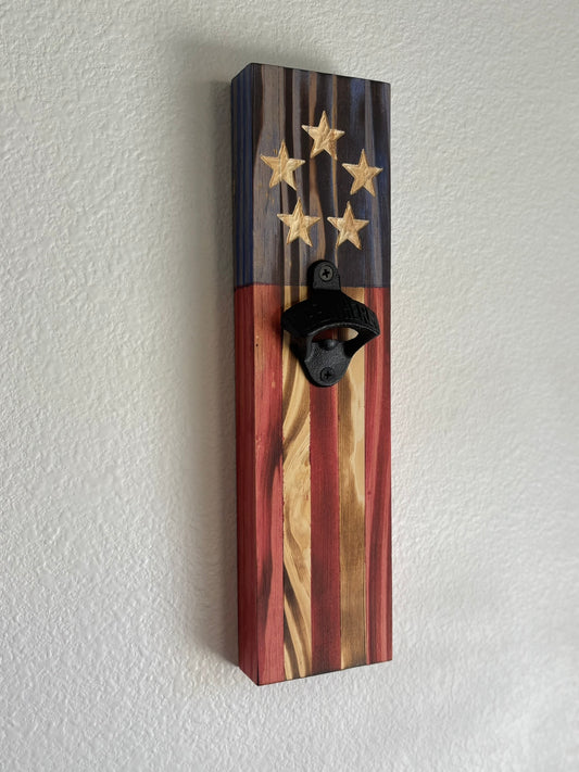 Rugged Cross Creations Handcrafted American Flag Bottle Opener – Rustic Wall-Mounted Beer Opener with Unique Carved Stars – 5 Stripe Variation