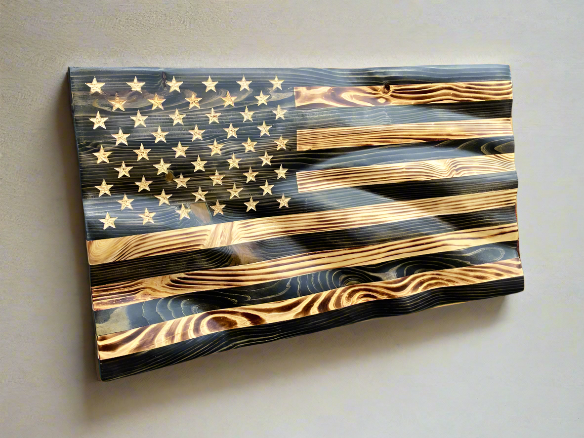 Waving Wooden Extra Rustic Wood Burnt Blacked Out American Flag