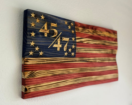 Handcrafted Extra Burnt Waving Wooden 45/47 Flag – Rustic Patriotic Wall Art Decoration