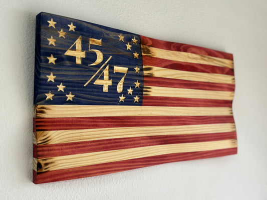 Handcrafted Burnt Waving Wooden 45/47 Flag – Rustic Patriotic Wall Art Decoration