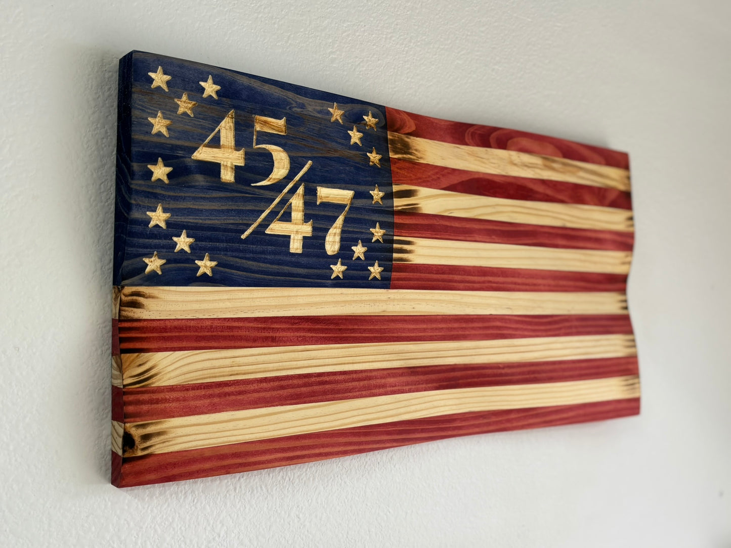 Handcrafted Burnt Waving Wooden 45/47 Flag – Rustic Patriotic Wall Art Decoration