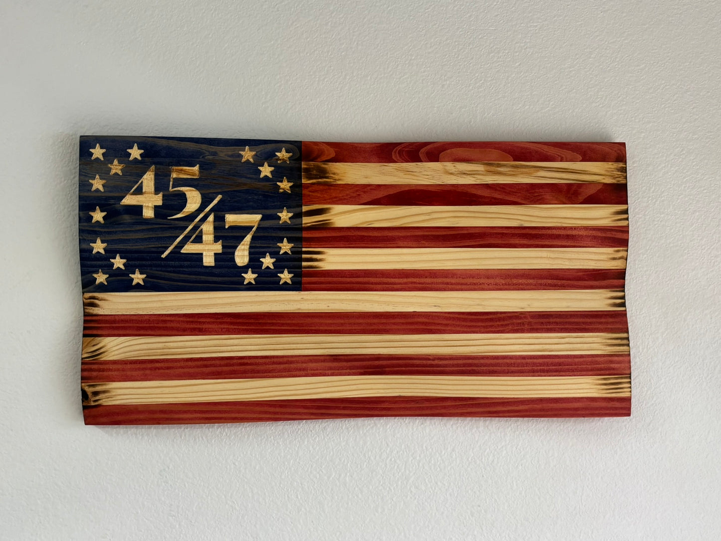 Handcrafted Burnt Waving Wooden 45/47 Flag – Rustic Patriotic Wall Art Decoration