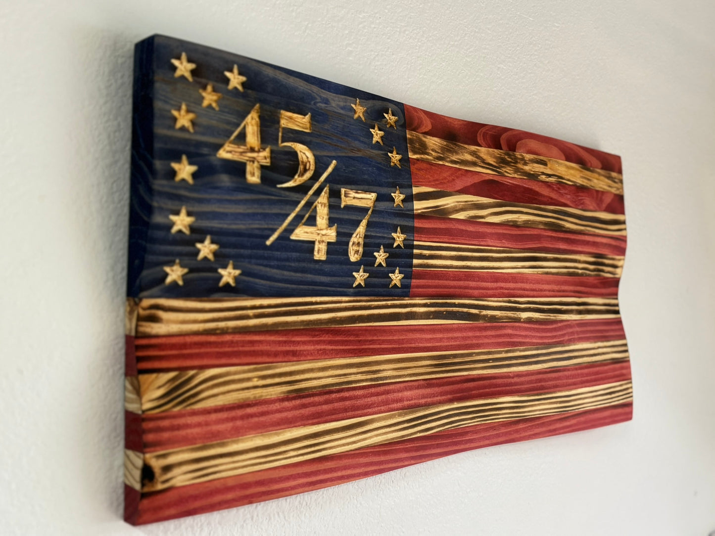 Handcrafted Extra Burnt Waving Wooden 45/47 Flag – Rustic Patriotic Wall Art Decoration