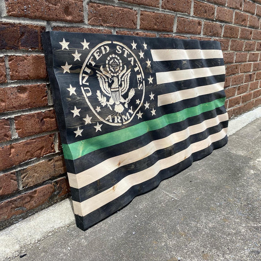 Waving Wooden Thin Green Line Armed Forces Flag