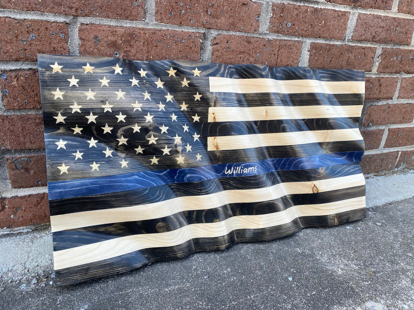Waving Wooden Thin Blue Line Police Flag
