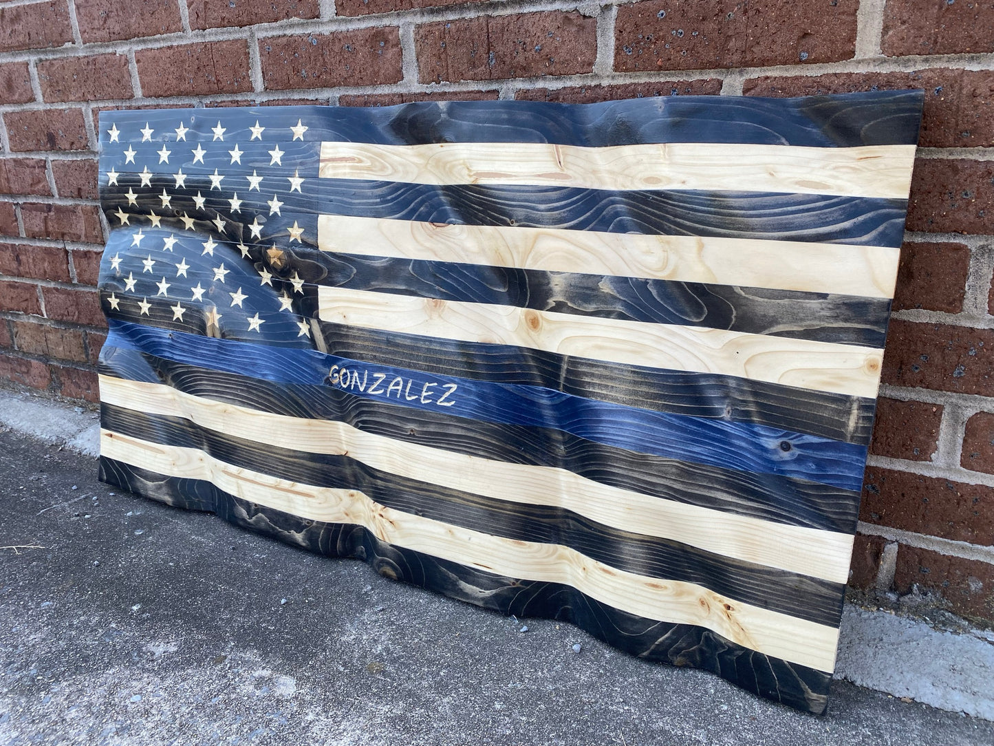 Waving Wooden Thin Blue Line Police Flag
