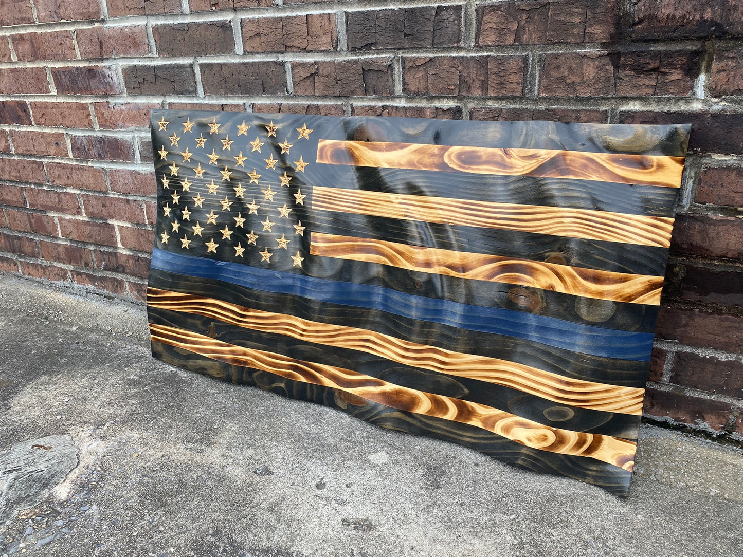 Waving Wooden Extra Rustic Wood Burnt Thin Blue Line Police Flag