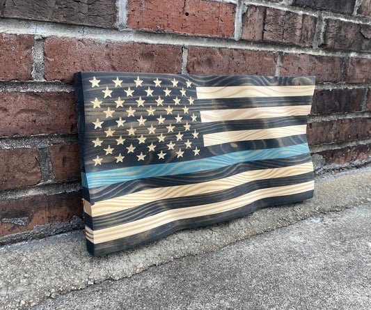 Waving Wooden Thin Teal Line Flag