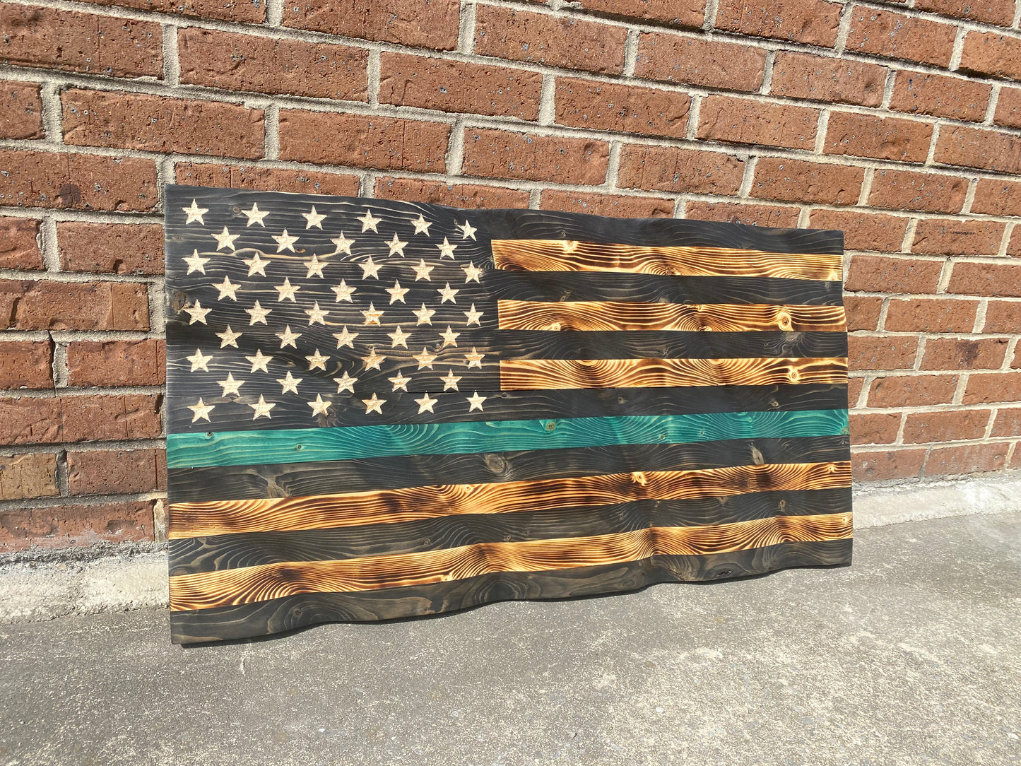Waving Wooden Extra Rustic Wood Burnt Thin Green Line Armed Forces Flag