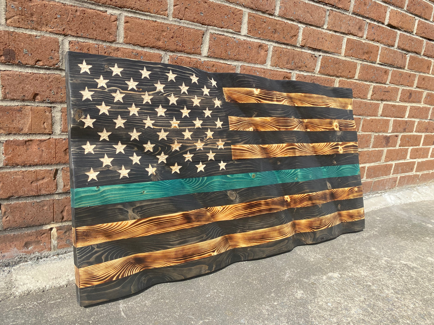Waving Wooden Extra Rustic Wood Burnt Thin Green Line Armed Forces Flag