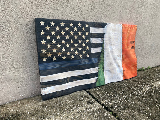 Waving Wooden Half Ireland/Half Police Thin Blue Line Flag