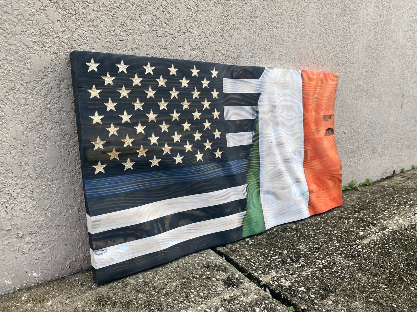 Waving Wooden Half Ireland/Half Police Thin Blue Line Flag