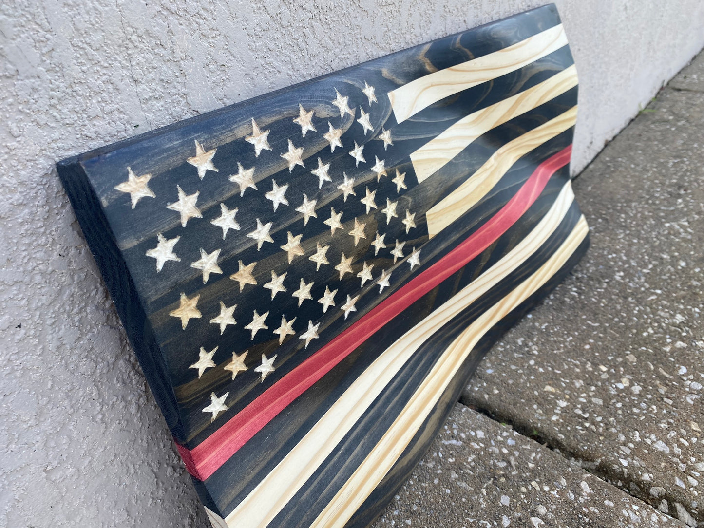 Waving Wooden Thin Red Line Firefighter Flag