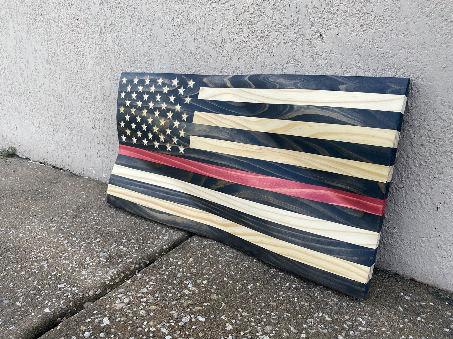 Waving Wooden Thin Red Line Firefighter Flag