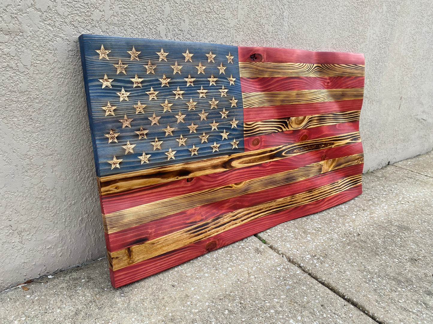 Waving Wooden Extra Rustic Wood Burnt American Flag