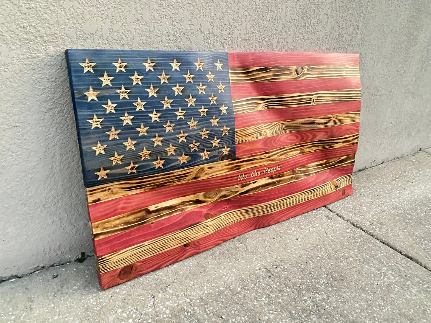 Waving Wooden Extra Rustic Wood Burnt American Flag