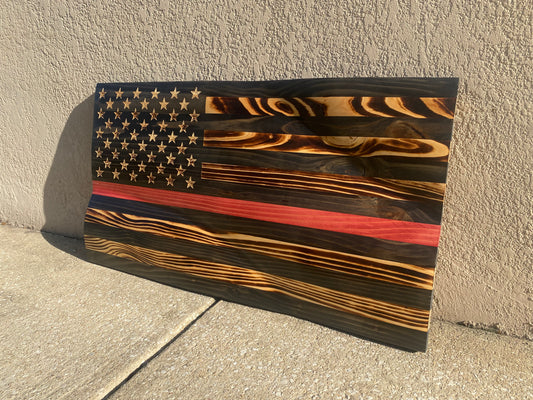 Waving Wooden Extra Rustic Wood Burnt Thin Red Line Firefighter Flag
